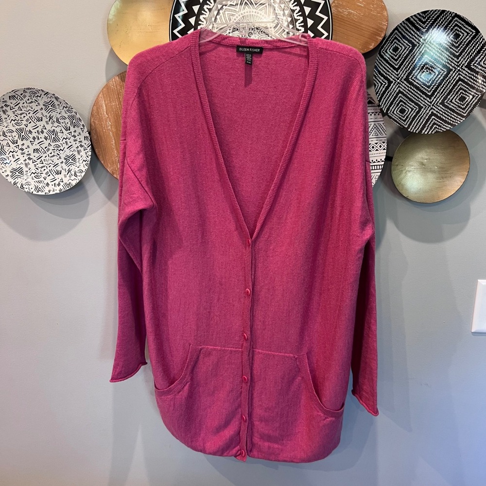 Eileen Fisher Merino Wool Cardigan Sweater Magenta Pink V-Neck Button Front M